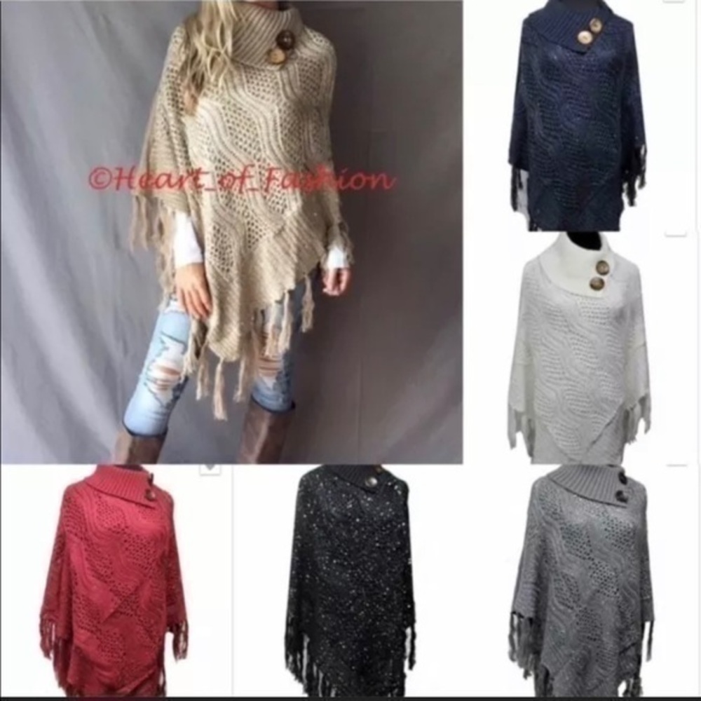 Boho Mock Neck Sequin Fringe Thick Knitted Poncho